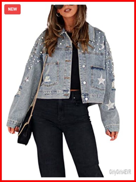 Jackets & Blazers - Cropped Pearl Beaded Denim Jacket Star Embroidered Ripped Cowgirl Trucker Coat